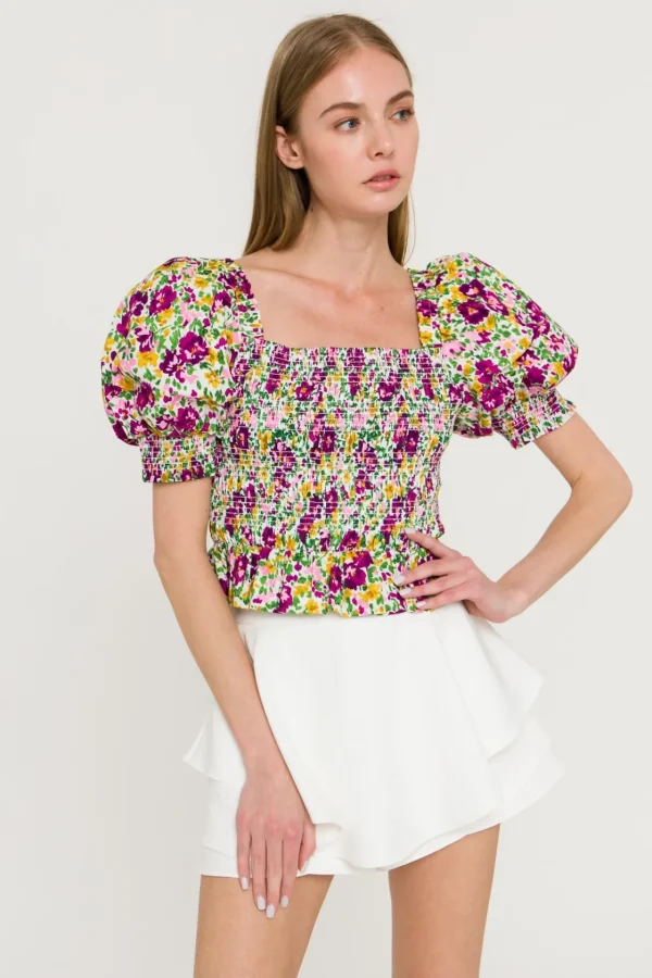 ENDLESS ROSE Tops*- Floral Smocked Top WHITEMULTI