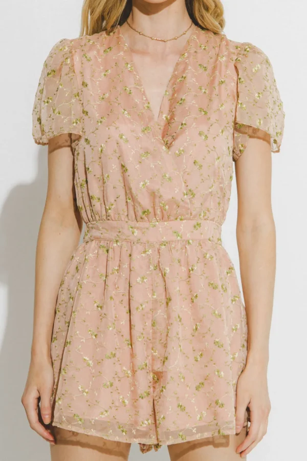 ENDLESS ROSE Tops*- Flower Embroidered Ruffle Sleeve Romper BEIGE