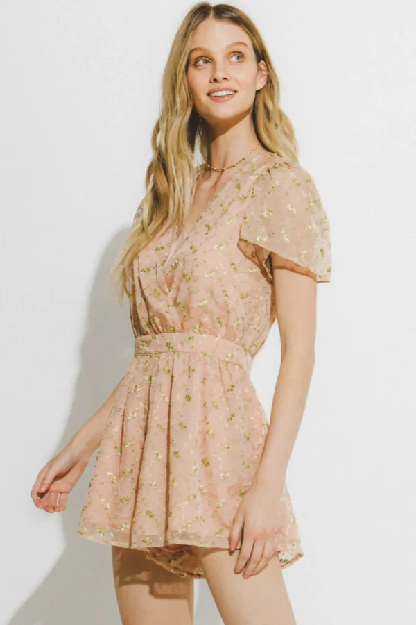 ENDLESS ROSE Tops*- Flower Embroidered Ruffle Sleeve Romper BEIGE