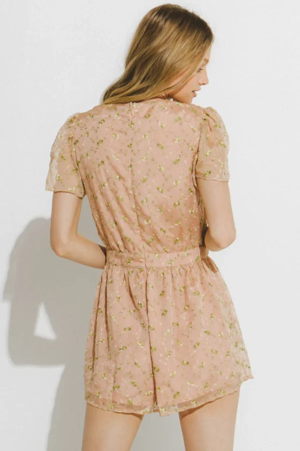ENDLESS ROSE Tops*- Flower Embroidered Ruffle Sleeve Romper BEIGE