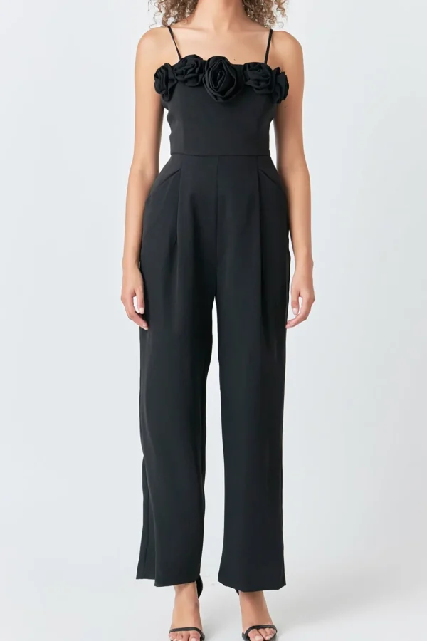 ENDLESS ROSE Tops | One Pieces*- Flower Trim Jumpsuit BLACK