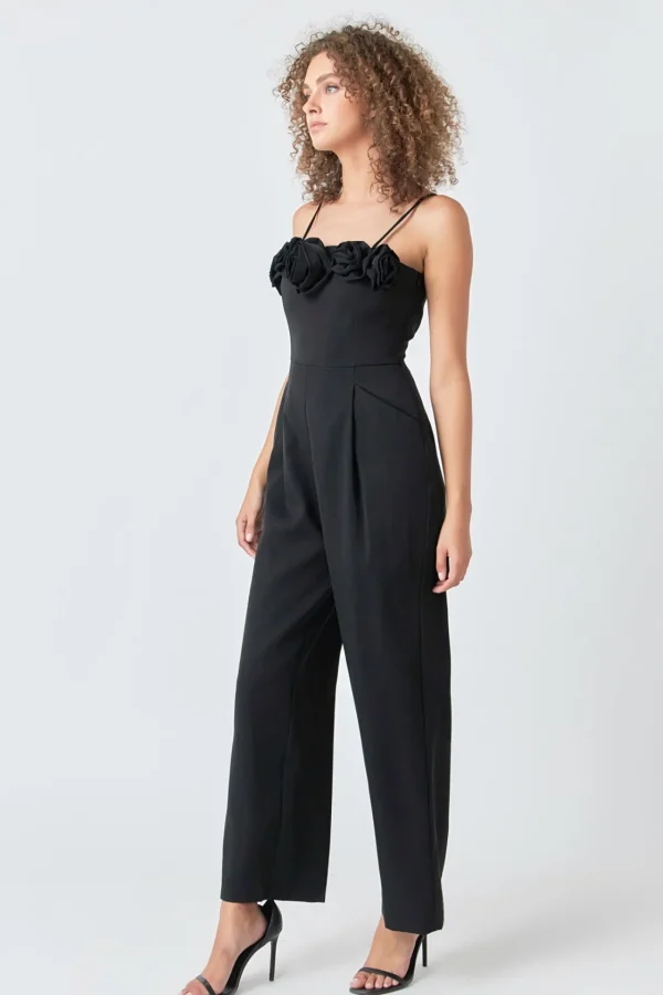 ENDLESS ROSE Tops | One Pieces*- Flower Trim Jumpsuit BLACK