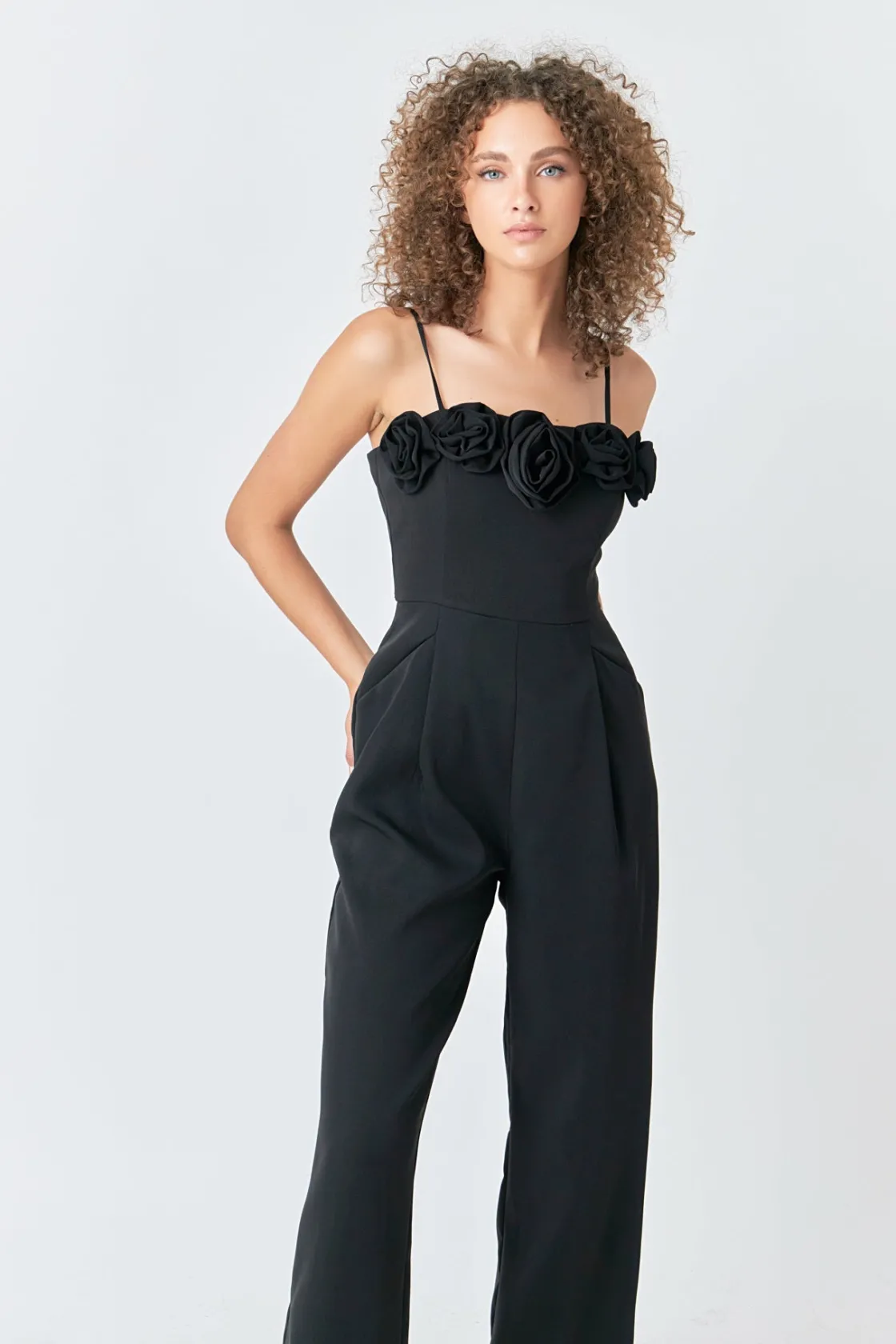 endless_rose__flower_trim_3.webp ENDLESS ROSE Tops | One Pieces*- Flower Trim Jumpsuit BLACK