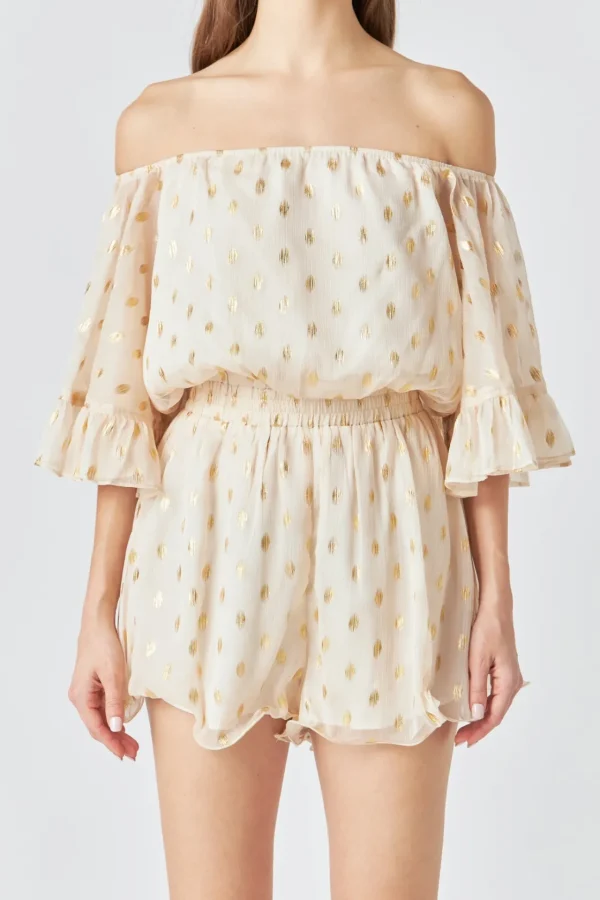 ENDLESS ROSE Tops*- Foil Print Off-Shoulder Romper
