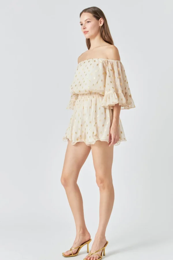ENDLESS ROSE Tops*- Foil Print Off-Shoulder Romper