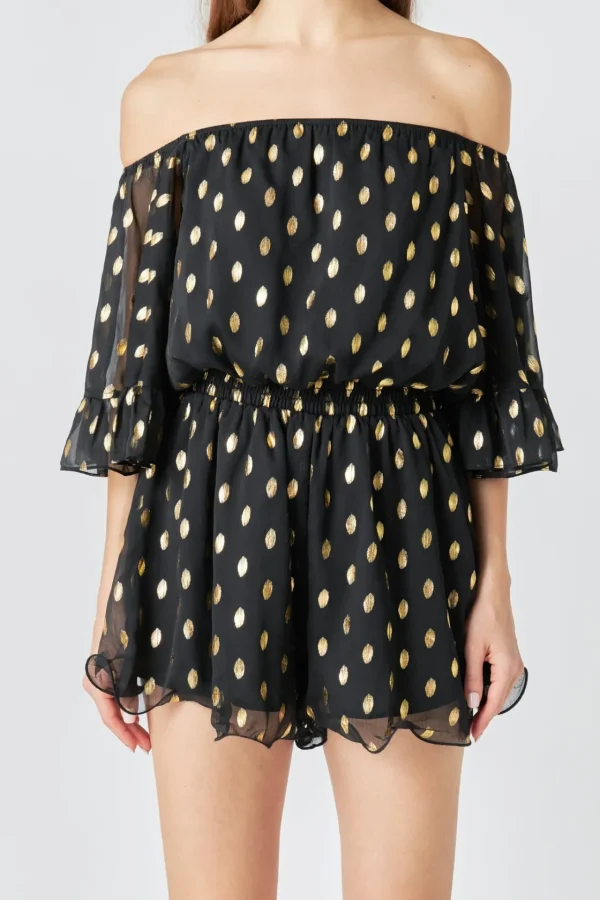ENDLESS ROSE Tops*- Foil Print Off-Shoulder Romper