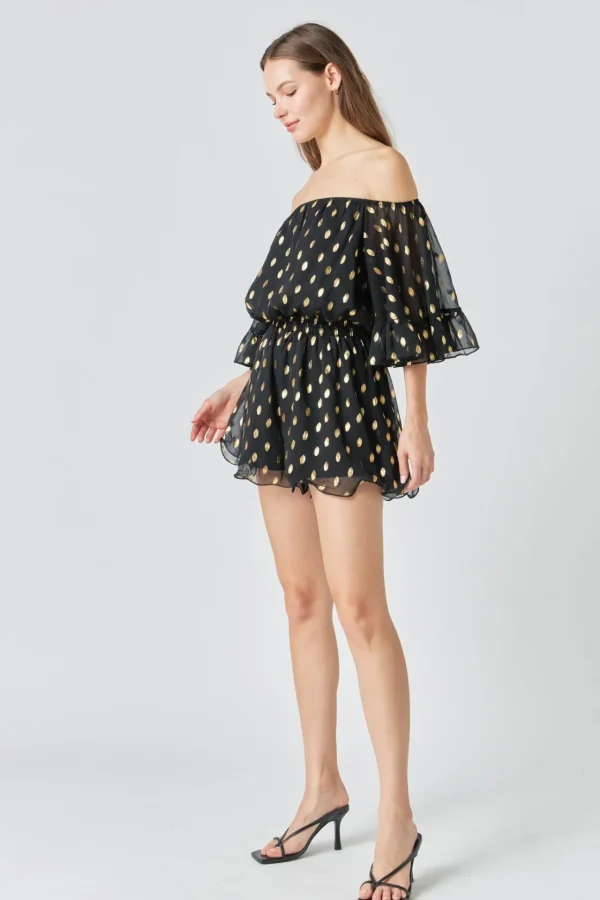 ENDLESS ROSE Tops*- Foil Print Off-Shoulder Romper