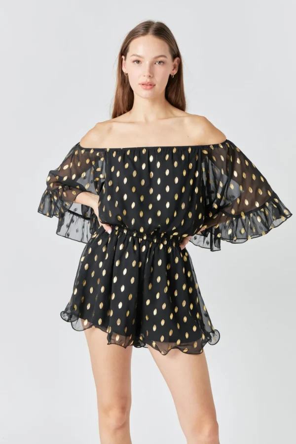 ENDLESS ROSE Tops*- Foil Print Off-Shoulder Romper