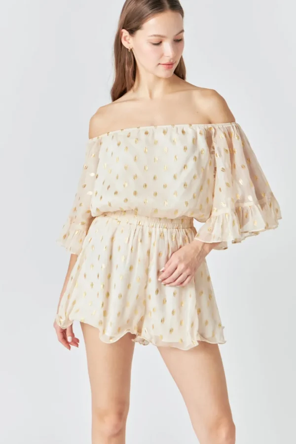 ENDLESS ROSE Tops*- Foil Print Off-Shoulder Romper