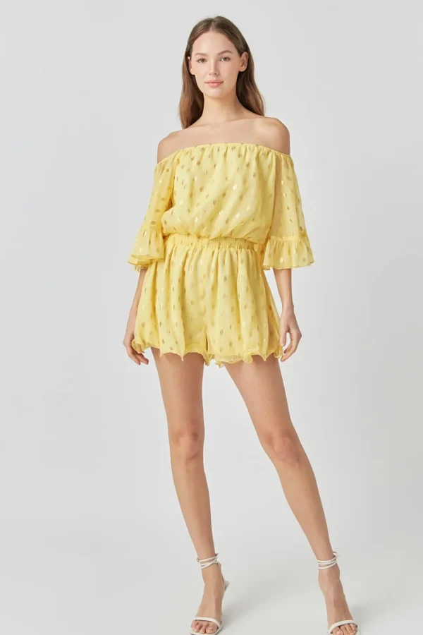 ENDLESS ROSE Tops*- Foil Print Off-Shoulder Romper