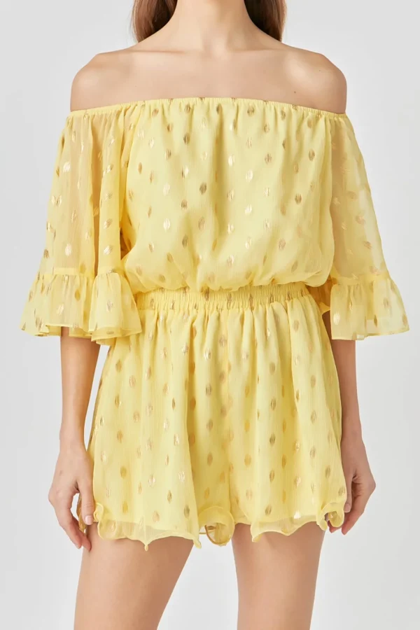 ENDLESS ROSE Tops*- Foil Print Off-Shoulder Romper