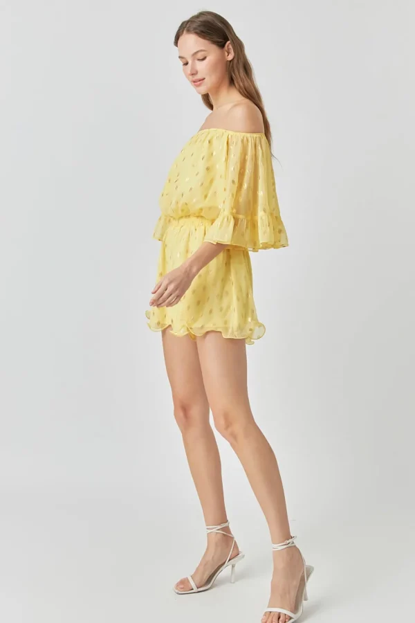 ENDLESS ROSE Tops*- Foil Print Off-Shoulder Romper