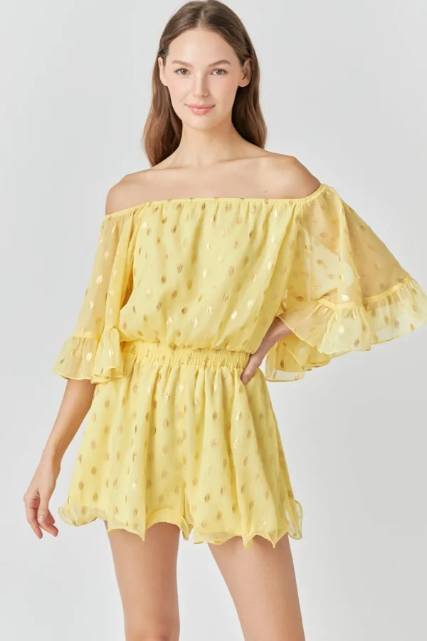 ENDLESS ROSE Tops*- Foil Print Off-Shoulder Romper
