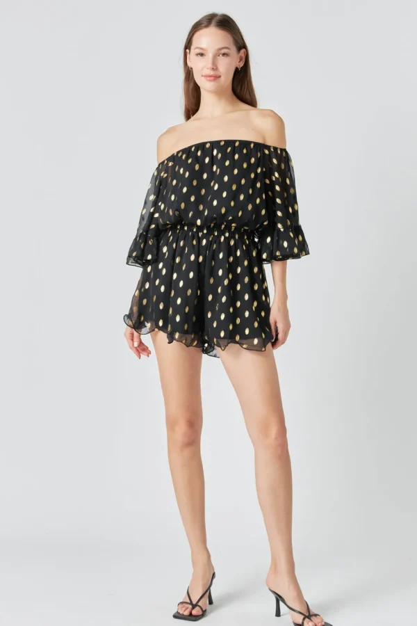ENDLESS ROSE Tops*- Foil Print Off-Shoulder Romper