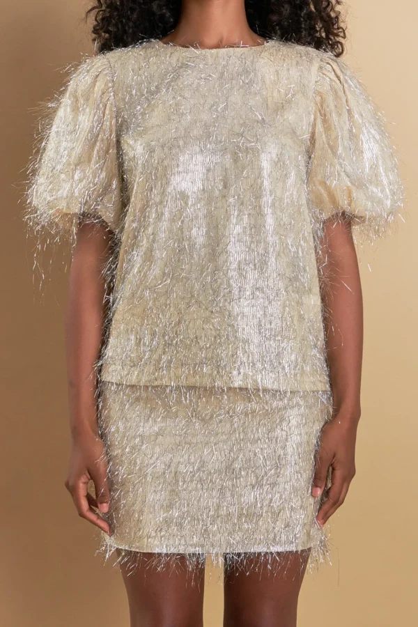 ENDLESS ROSE Matching Sets | Tops*- Fringe Puff Sleeve Top CHAMPAGNE