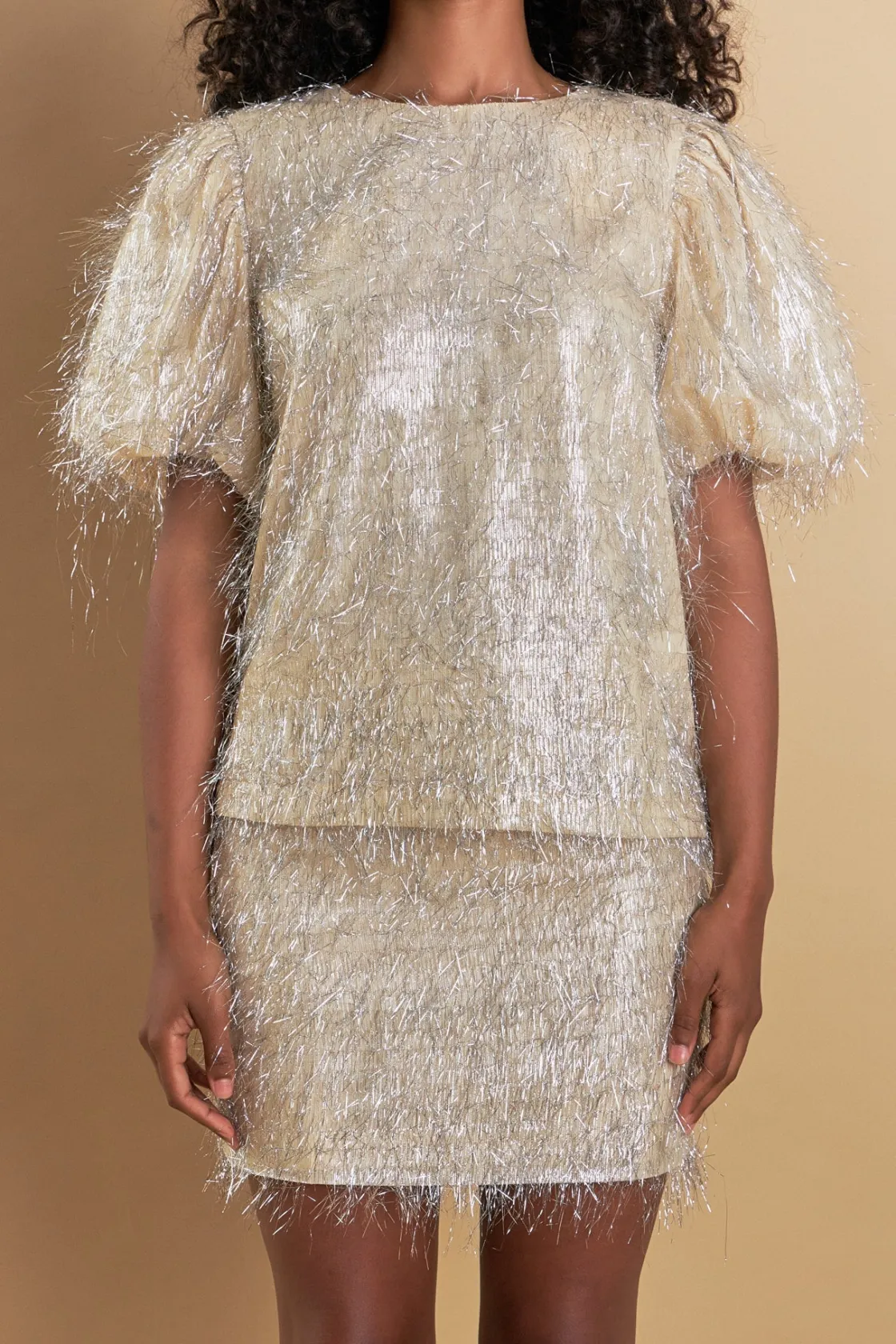 endless_rose__fringe_puff_0.webp ENDLESS ROSE Matching Sets | Tops*- Fringe Puff Sleeve Top CHAMPAGNE