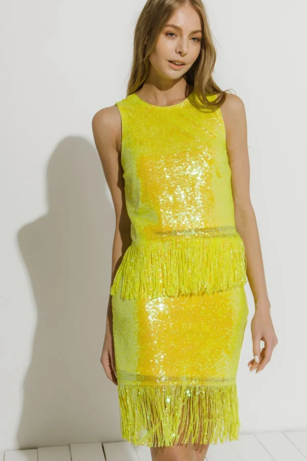 ENDLESS ROSE Tops*- Fringe Sequin Top YELLOW