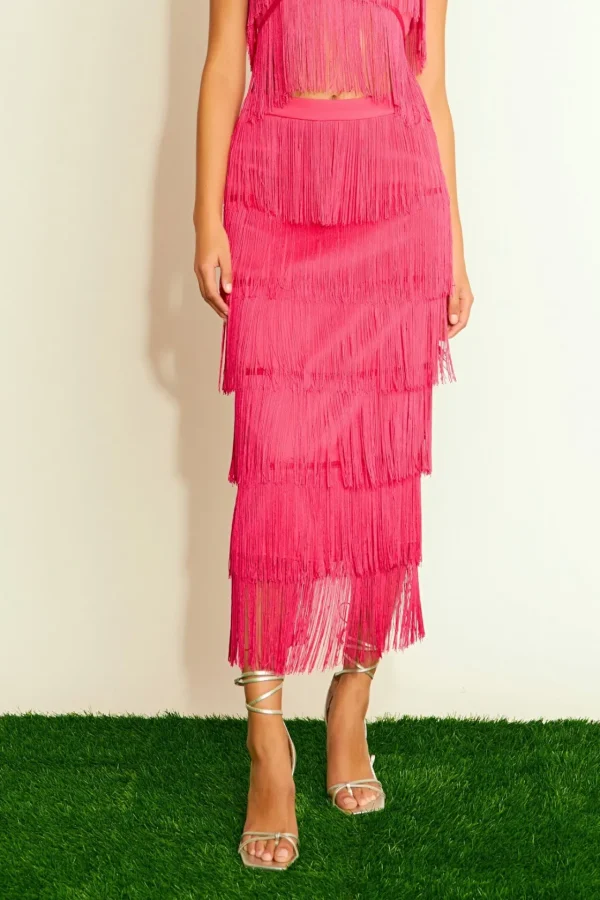 ENDLESS ROSE Matching Sets | Skirts*- Fringe Tiered Maxi Skirt FUCHSIA