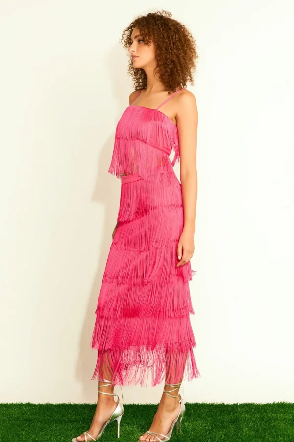 ENDLESS ROSE Matching Sets | Skirts*- Fringe Tiered Maxi Skirt FUCHSIA