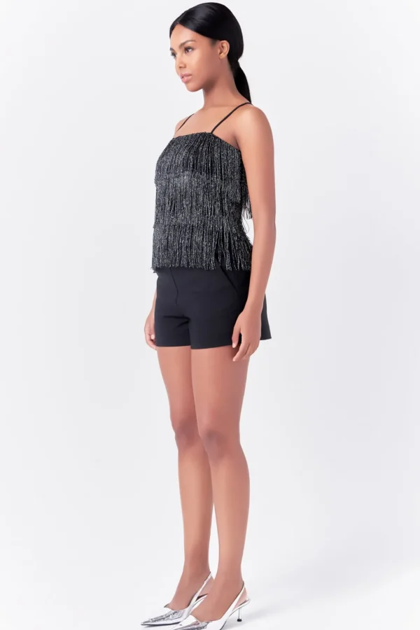 ENDLESS ROSE Tops*- Fringe Tiered Top BLACK