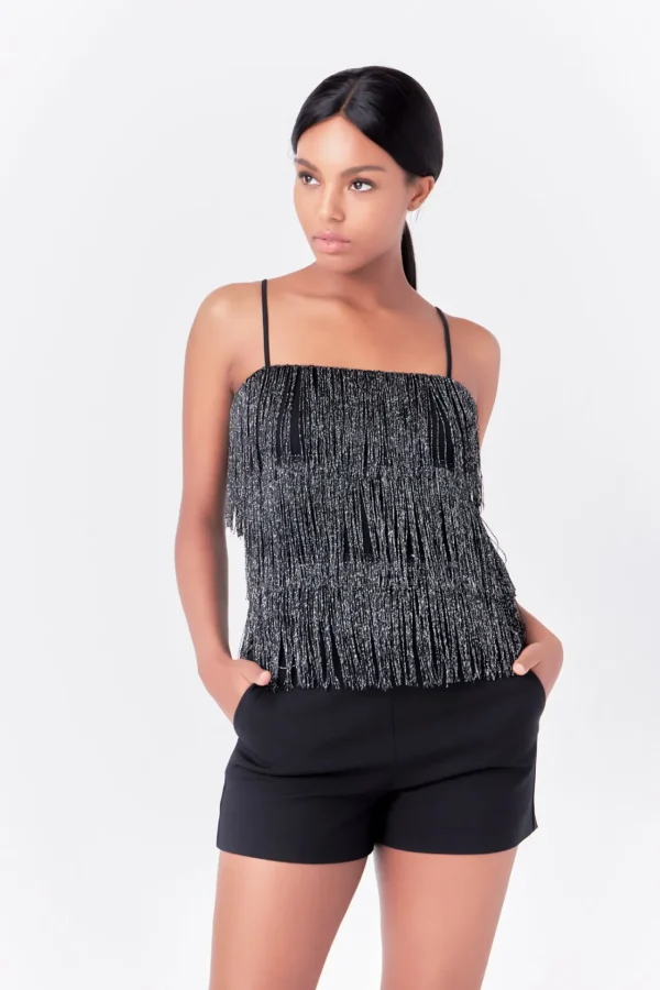 ENDLESS ROSE Tops*- Fringe Tiered Top BLACK