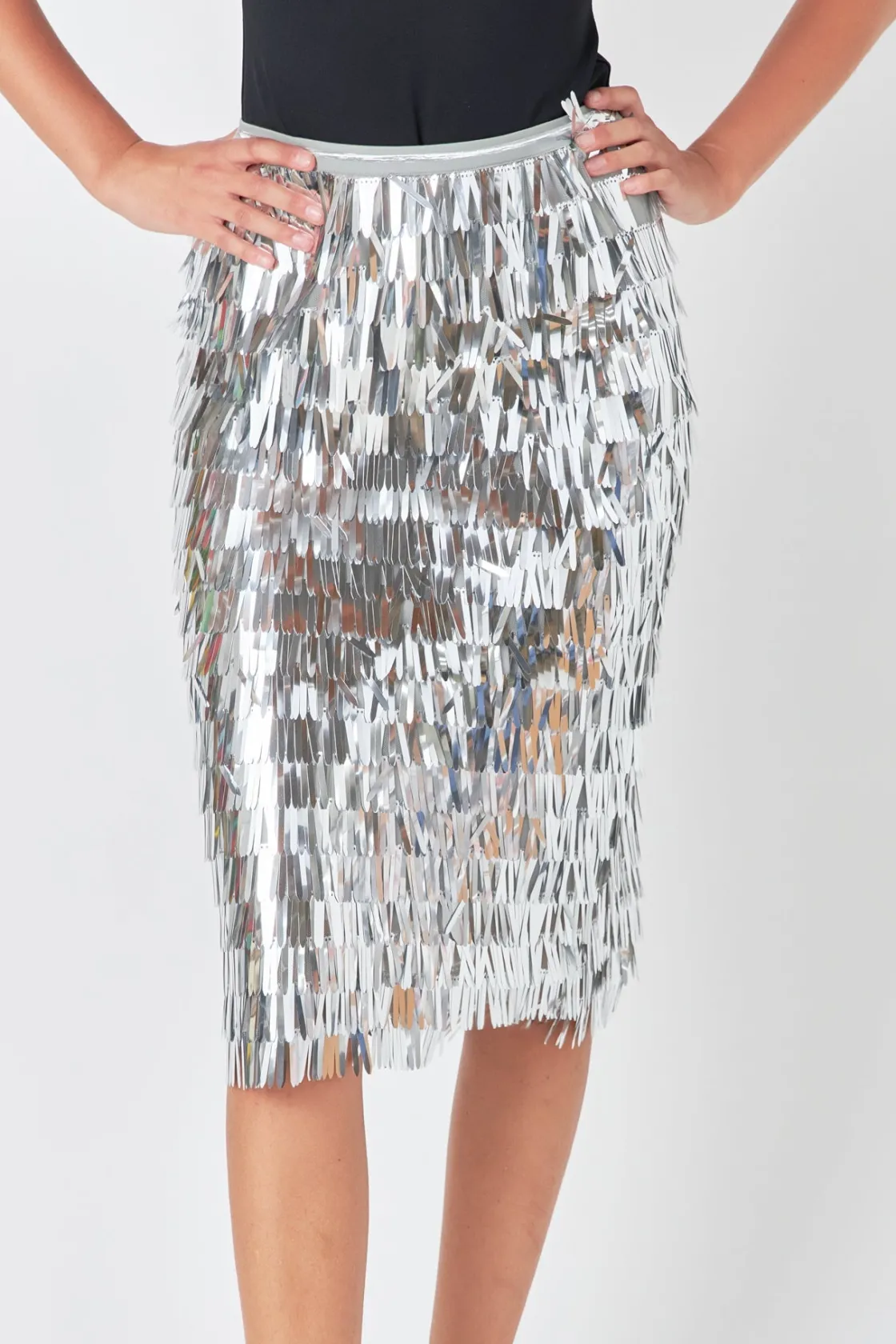 endless_rose__fringed_met_0.webp ENDLESS ROSE Skirts | Tops*- Fringed Metallic Midi Skirt SILVER
