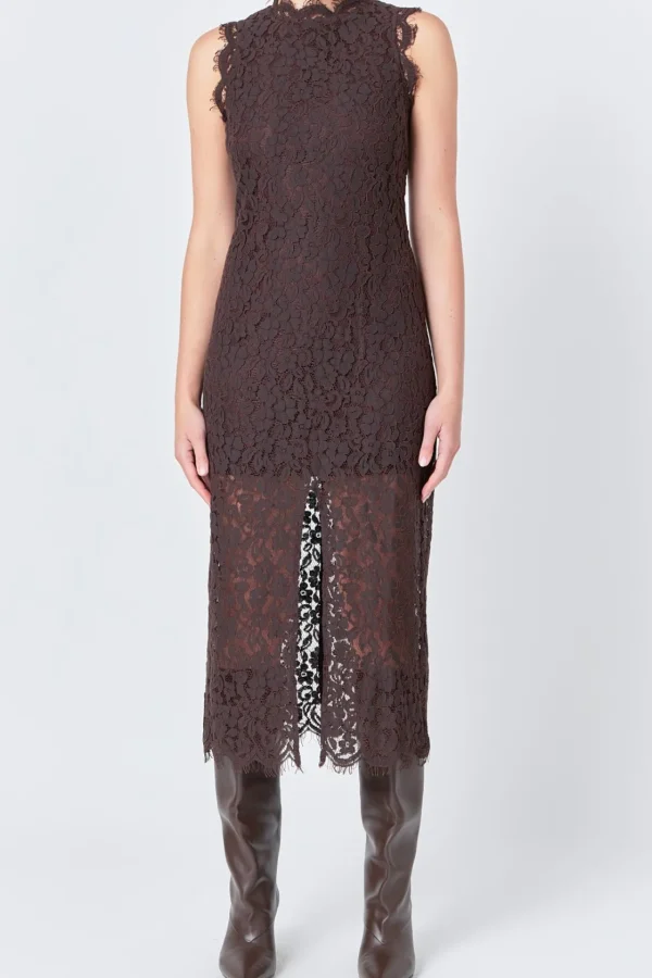 ENDLESS ROSE Lace Dresses | Tops*- Front Slit Sleeveless Lace Maxi Dress ESPRESSO