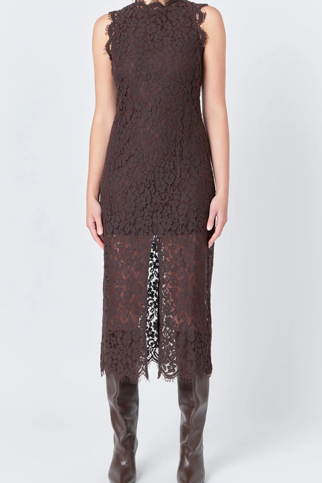 endless_rose__front_slit__0-2.webp ENDLESS ROSE Lace Dresses | Tops*- Front Slit Sleeveless Lace Maxi Dress ESPRESSO