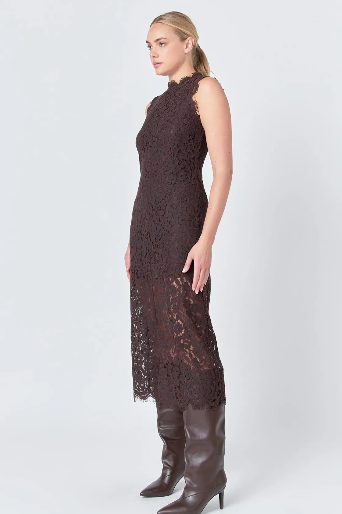 endless_rose__front_slit__1-2.webp ENDLESS ROSE Lace Dresses | Tops*- Front Slit Sleeveless Lace Maxi Dress ESPRESSO