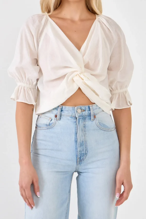 ENDLESS ROSE Tops*- Front Twisted Puff Sleeve Top WHITE