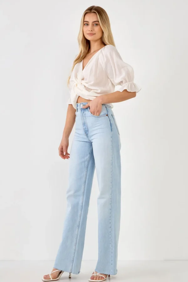ENDLESS ROSE Tops*- Front Twisted Puff Sleeve Top WHITE