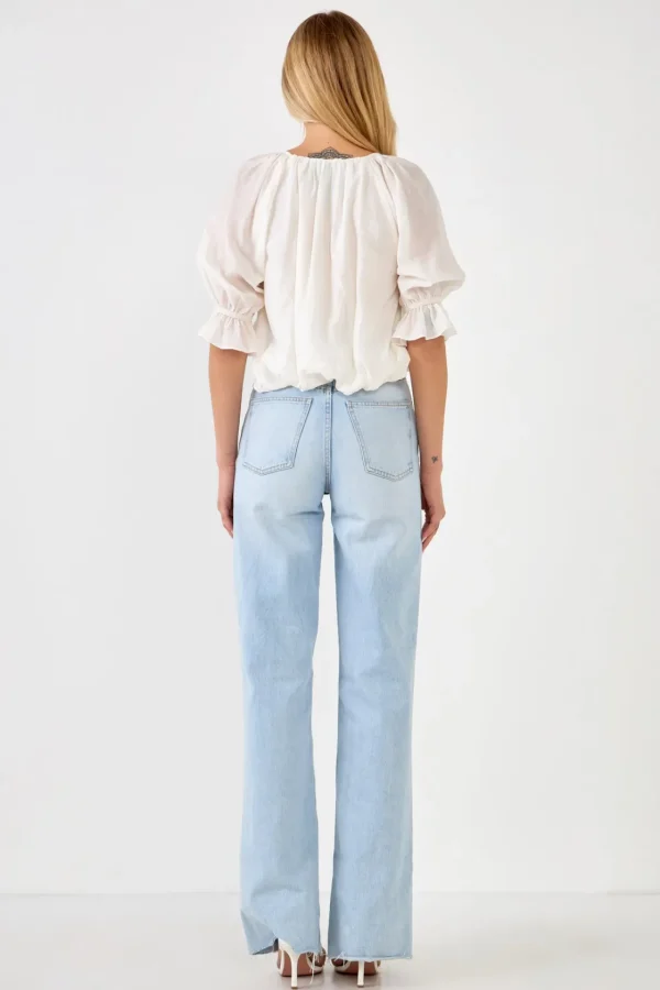 ENDLESS ROSE Tops*- Front Twisted Puff Sleeve Top WHITE