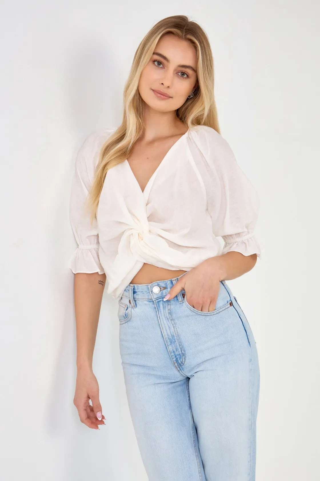 endless_rose__front_twist_3.webp ENDLESS ROSE Tops*- Front Twisted Puff Sleeve Top WHITE