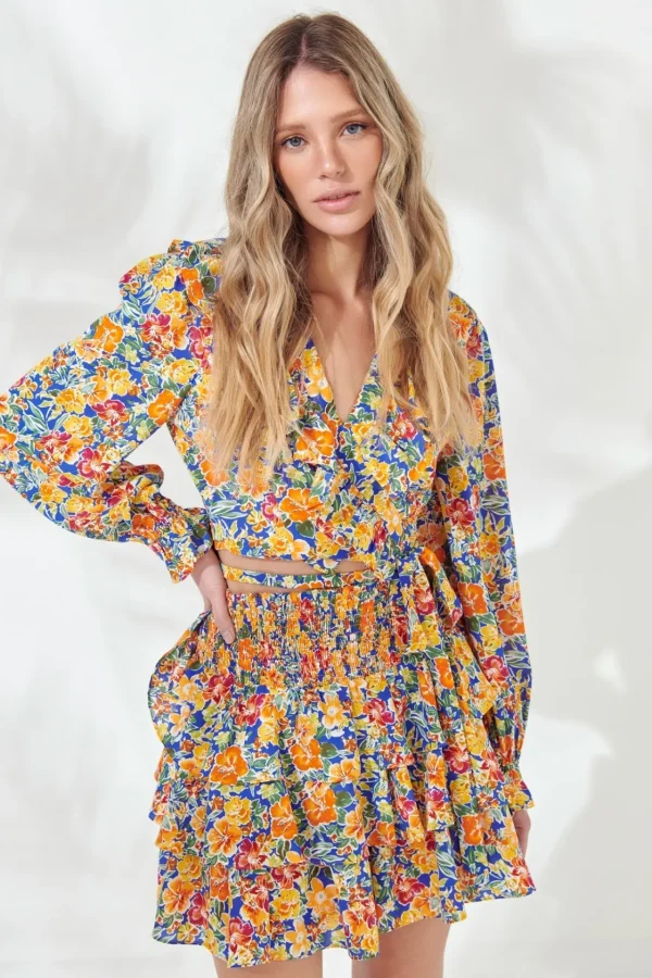 ENDLESS ROSE Tops*- Front Wrap Floral Top BLUE