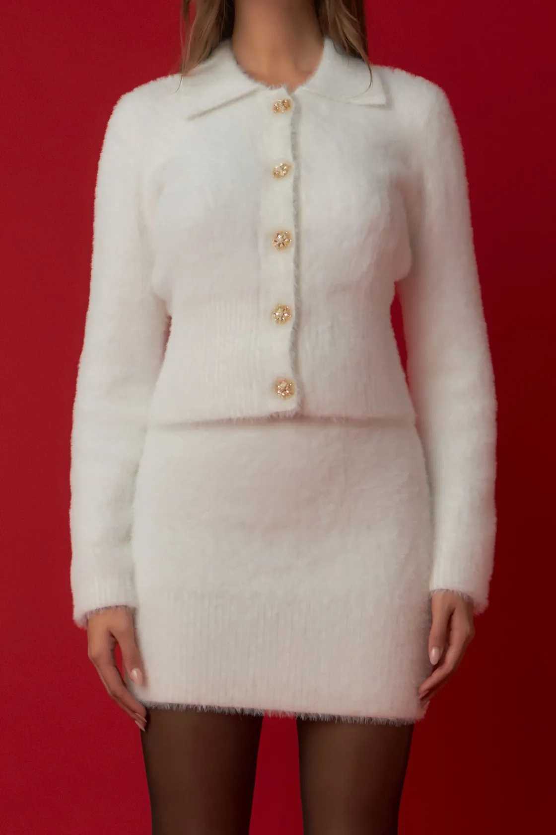 endless_rose__fuzzy_jewel_0-1.webp ENDLESS ROSE Sweaters & Knits | Matching Sets*- Fuzzy Jewel Collared Cardigan IVORY