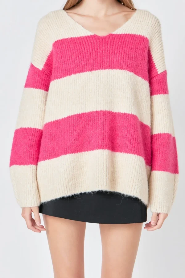 ENDLESS ROSE Sweaters & Knits | Tops*- Fuzzy Striped Oversized Sweater BEIGE/FUCHSIA