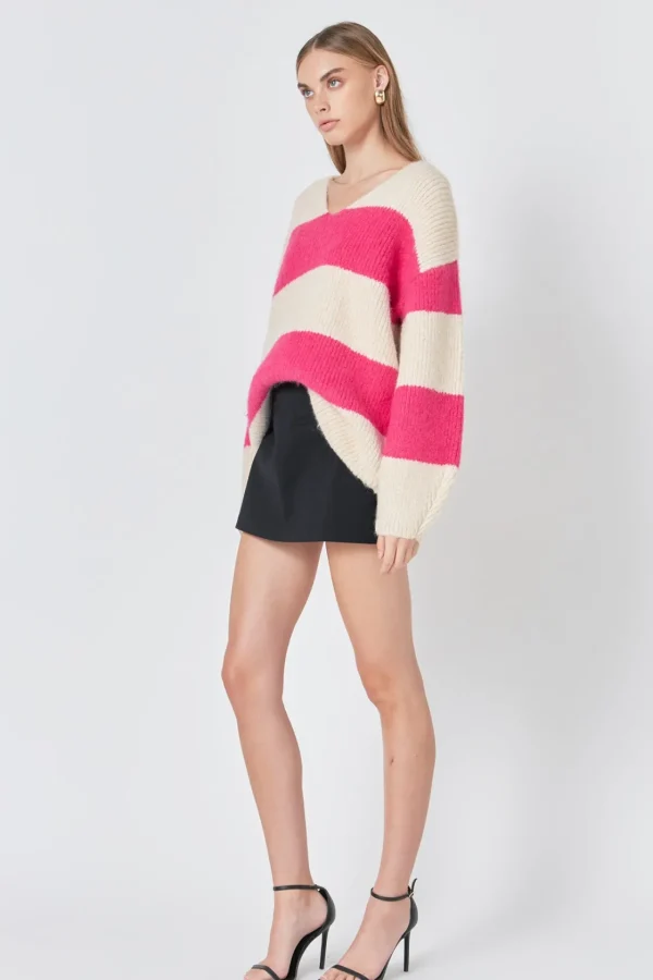 ENDLESS ROSE Sweaters & Knits | Tops*- Fuzzy Striped Oversized Sweater BEIGE/FUCHSIA