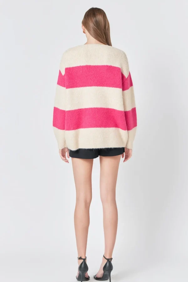 ENDLESS ROSE Sweaters & Knits | Tops*- Fuzzy Striped Oversized Sweater BEIGE/FUCHSIA