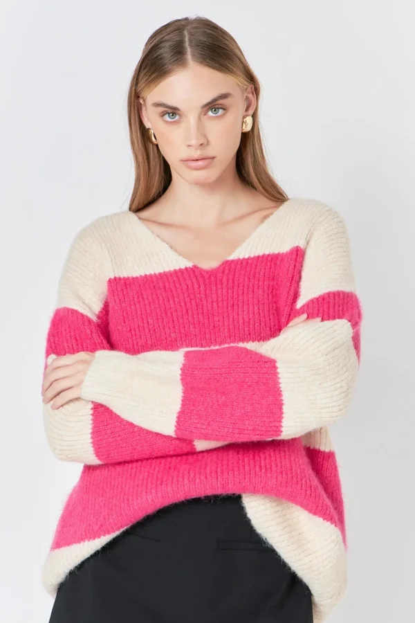 ENDLESS ROSE Sweaters & Knits | Tops*- Fuzzy Striped Oversized Sweater BEIGE/FUCHSIA