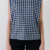 ENDLESS ROSE Tops*- Gingham Print Shoulder Pad T-Shirt BLACK/BLUE