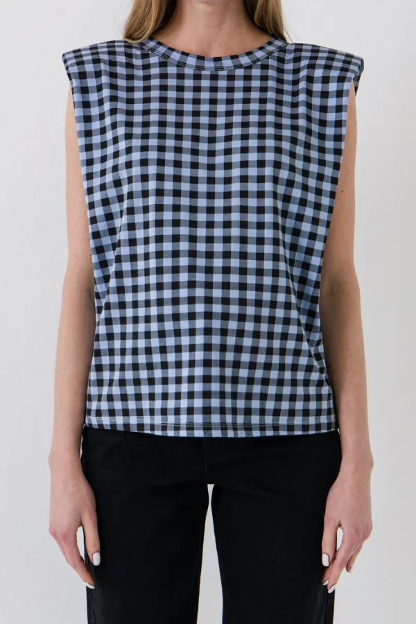 ENDLESS ROSE Tops*- Gingham Print Shoulder Pad T-Shirt BLACK/BLUE
