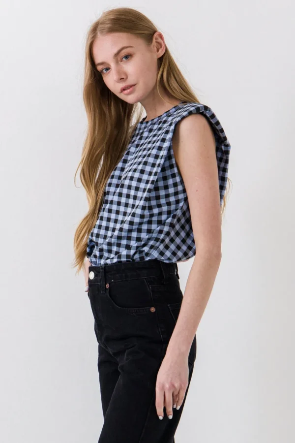 ENDLESS ROSE Tops*- Gingham Print Shoulder Pad T-Shirt BLACK/BLUE