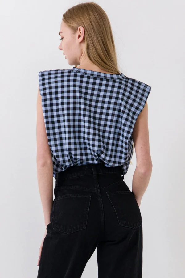 ENDLESS ROSE Tops*- Gingham Print Shoulder Pad T-Shirt BLACK/BLUE