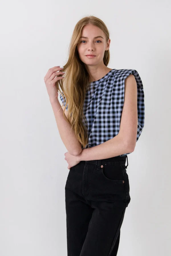 ENDLESS ROSE Tops*- Gingham Print Shoulder Pad T-Shirt BLACK/BLUE
