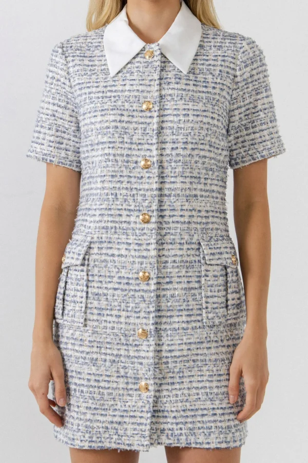 ENDLESS ROSE Tweed Dresses | Tops*- Gold Button Up Tweed Collar Mini Dress BLUE