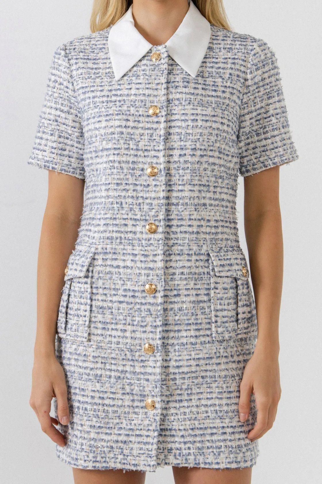 endless_rose__gold_button_0-1.webp ENDLESS ROSE Tweed Dresses | Tops*- Gold Button Up Tweed Collar Mini Dress BLUE