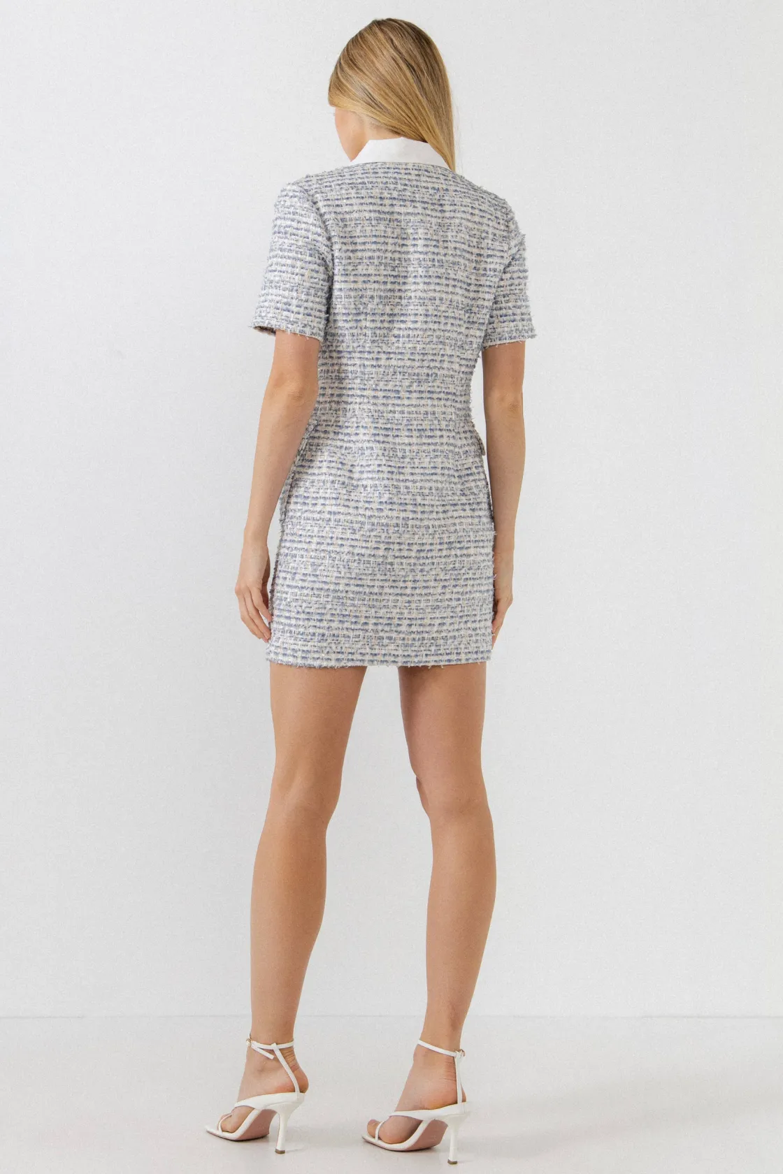 endless_rose__gold_button_2-1.webp ENDLESS ROSE Tweed Dresses | Tops*- Gold Button Up Tweed Collar Mini Dress BLUE