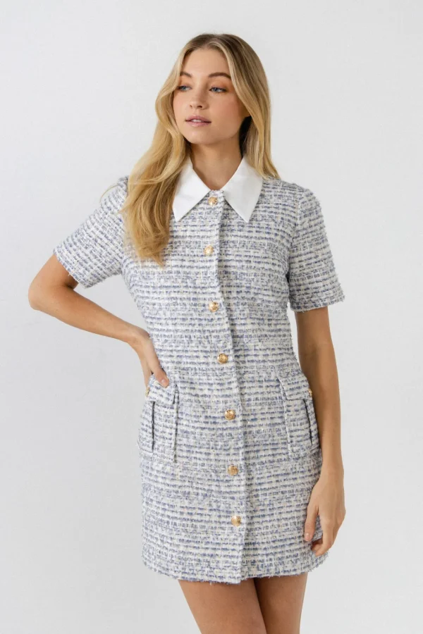 ENDLESS ROSE Tweed Dresses | Tops*- Gold Button Up Tweed Collar Mini Dress BLUE
