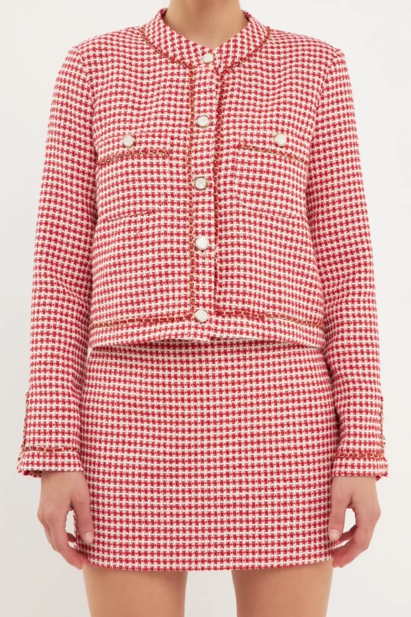ENDLESS ROSE Blazers | Tops*- Gold Tweed Speckled Mini Tweed Check Blazer RED