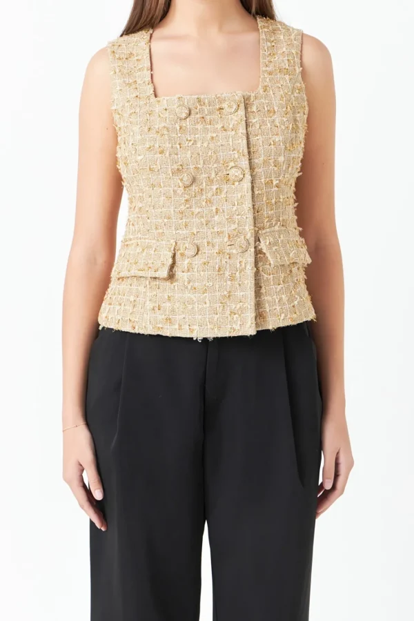 ENDLESS ROSE Tops*- Tweed Double Button Top GOLD